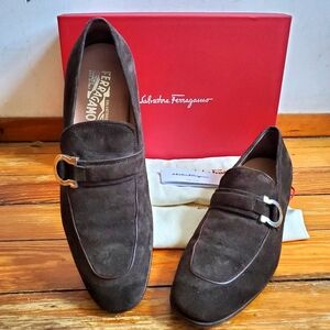 MEN'S FERRAGAMO SUEDE CHOCOLATE BROWN LOAFERS Sz9D